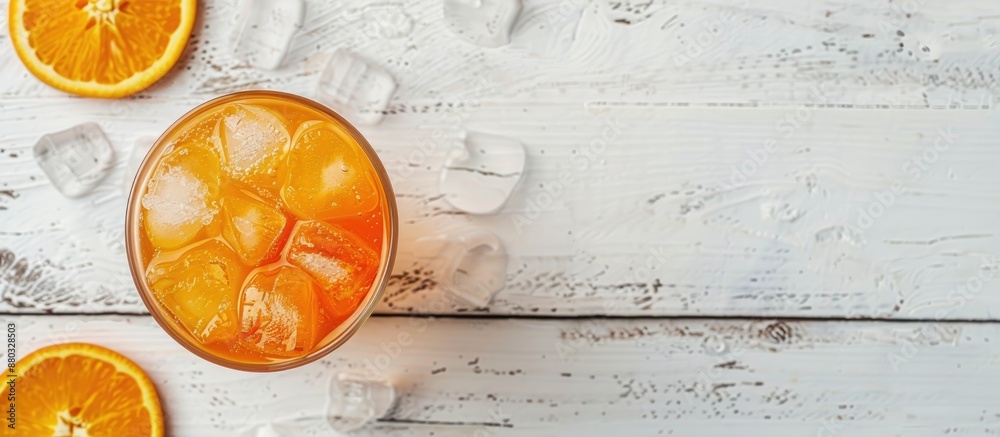 Aufkleber top view of a refreshing orange summer drink with ice on a white wooden surface with a blank area fo