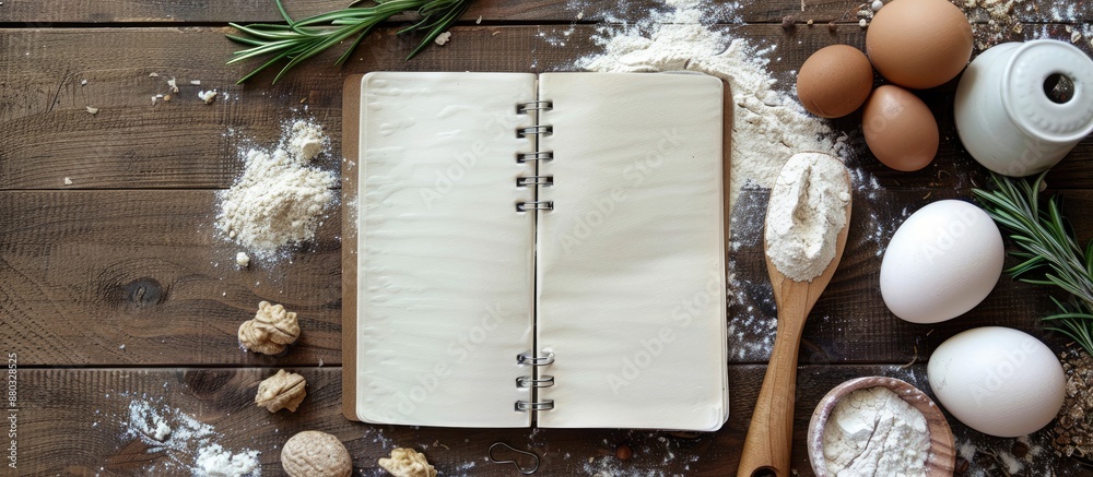 Poster on the table, there is a notebook and wooden spoon arranged with flour, ideal for a homemade bread s
