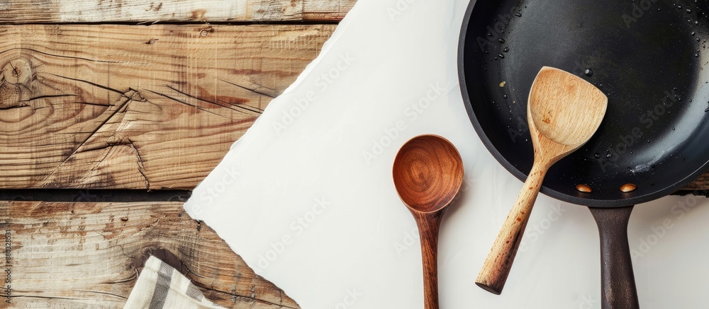 Poster a wooden spoon and a frying pan are displayed on a wooden surface alongside a white sheet of paper w