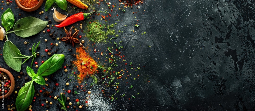 Poster variety of spices and herbs arranged on a black surface with copy space image.