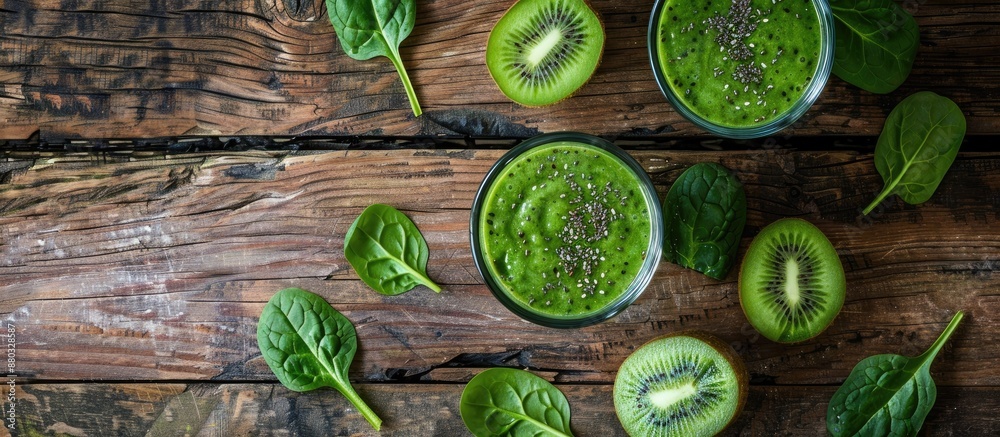 Aufkleber Smoothie made of spinach and kiwi displayed on a wooden backdrop with copy space image.