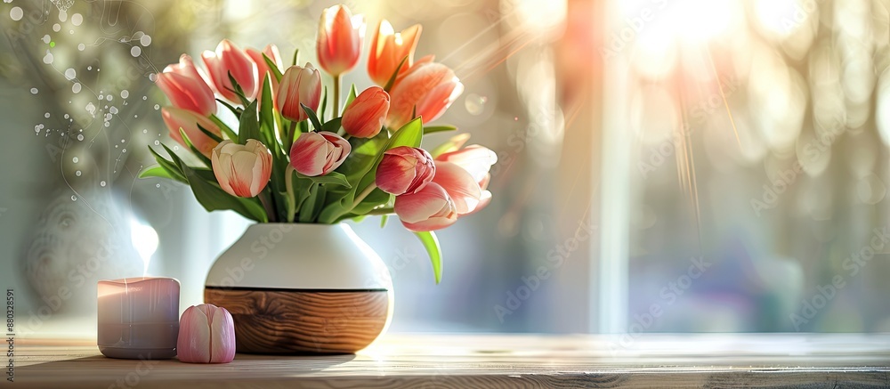 Poster a beautiful spring bouquet of tulips on a table with an aroma oil diffuser lamp, set against a blurr