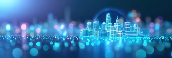 Obraz premium 3d rendering of city skyline with glowing lights on dark blue background
