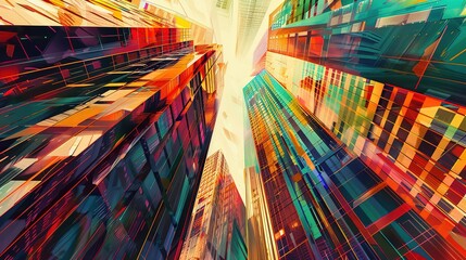 Skyscrapers abstract background with a geometric pattern of towers. Perspective graphic painting of buildings - Architectural illustration for financial, corporate, and business brochure templates.