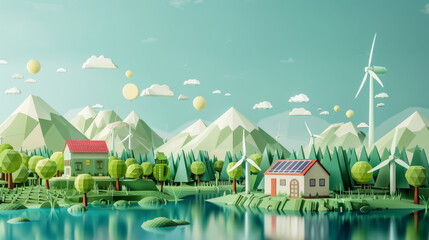 A cartoon drawing of a small town with a house and a windmill