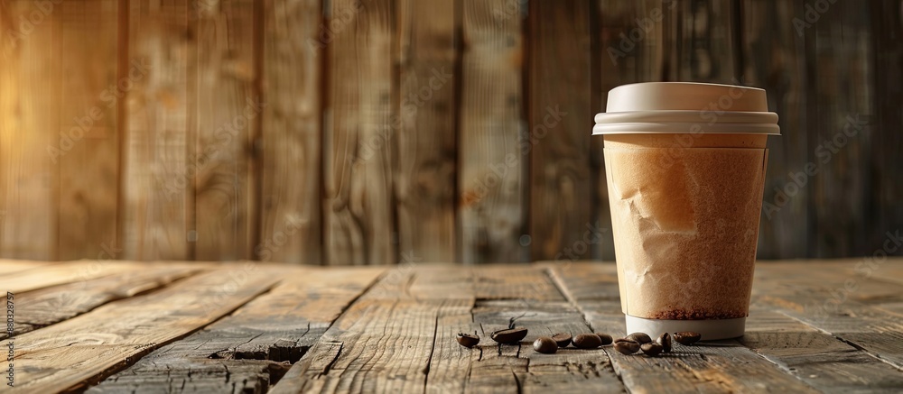 Poster coffee to-go cup placed on wooden surface with room for text or advertisement in the background.
