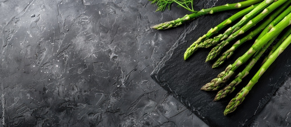 Poster fresh asparagus displayed on a black slate with ample copy space image.