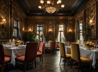 Fototapeta premium Luxurious restaurant with elegant table settings and dim lighting. AI.