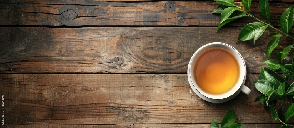 Aufkleber wooden table hosts a cup of fragrant green tea with ample copy space image.