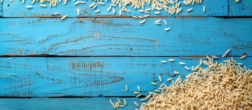 Top-down perspective of dried paddy rice on a blue wooden surface, offering room for text or design in a copy space image.