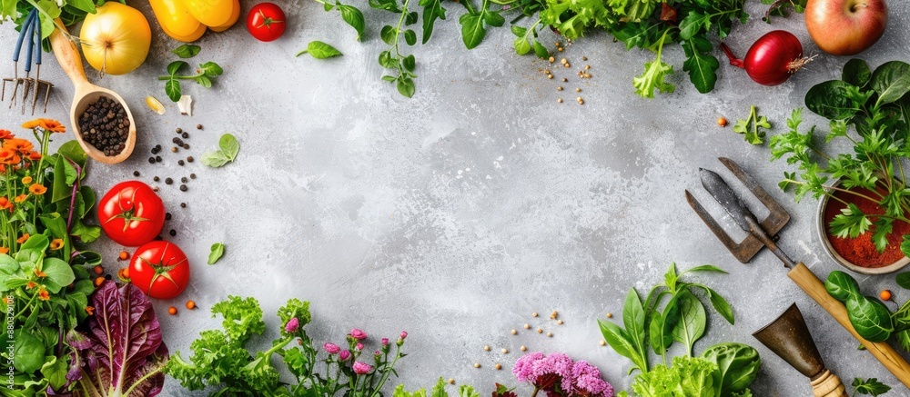 Poster top view of a spring gardening arrangement displayed on a neutral background with various organic ve