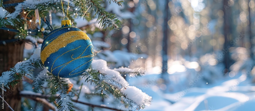 Poster A blue and yellow Christmas ball with tinsel is hanging on a real pine tree in a snow-covered forest on a sunny day, creating a festive card with copy space image for New Year's greetings.