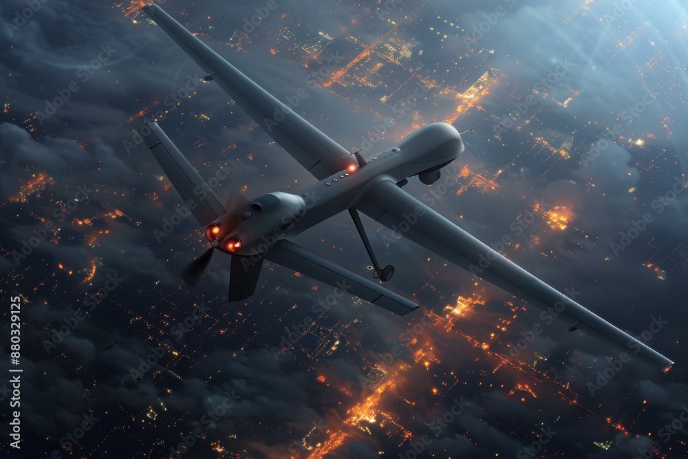 Poster A military drone flies over a war zone at night. AI.