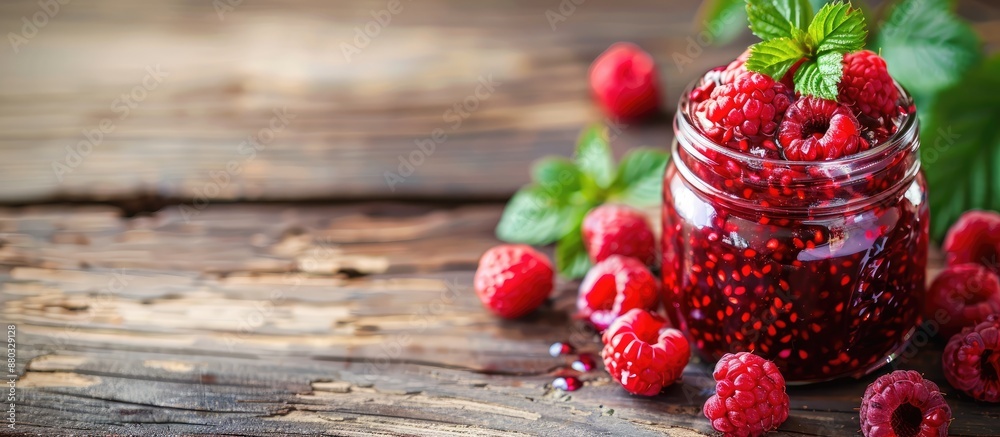 Poster Picture of raspberry jam in a glass jar displayed on a rustic wooden table, with ample space for additional text or graphics.