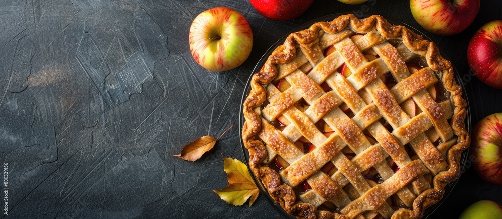 Aufkleber Apple pie with apples displayed on a dark background with copy space image.