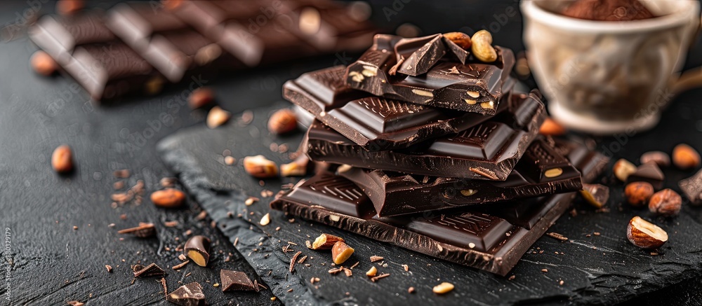 Aufkleber close-up of a pile of dark chocolate with nut pieces on a black surface with a cup of cacao and a co