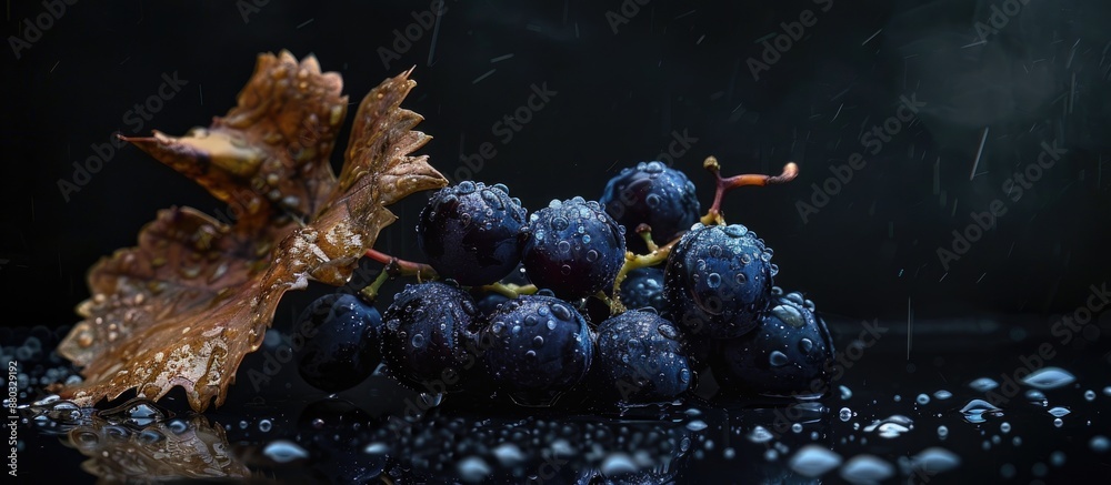 Poster a black background highlights wet dark blue grapes with a dried leaf, leaving room for additional co