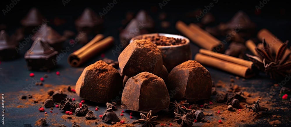 Aufkleber chocolate truffles mingled with chocolate shards and spices, accompanied by chocolate, cinnamon stic
