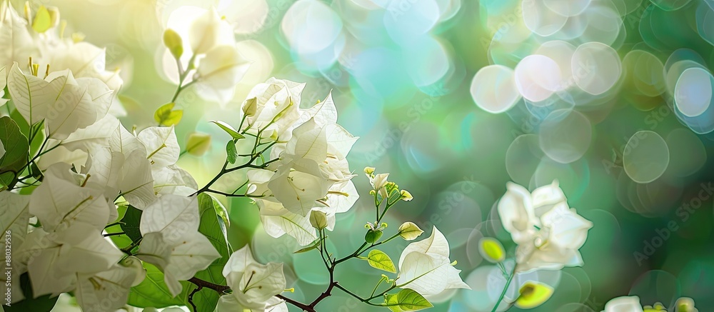 Poster white bougainvillea flowers adorn the image with ample copy space to create a peaceful and elegant a