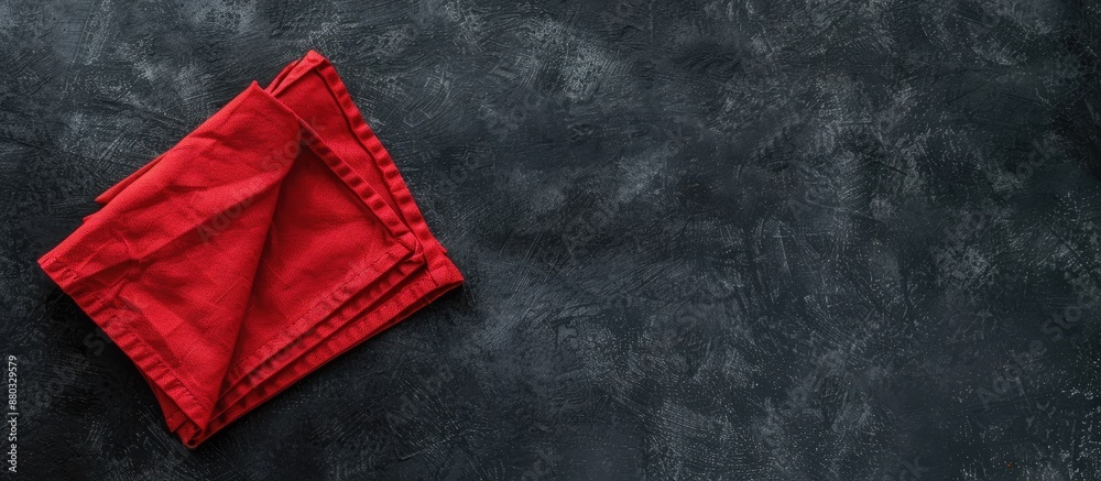 Aufkleber Top-down view of a red kitchen napkin on a table, offering copy space in a minimalistic, flat lay design.