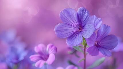 Fototapeta premium Close-up of beautiful purple flowers in a dreamy, soft-focused garden setting with a vibrant, blurred pink background.