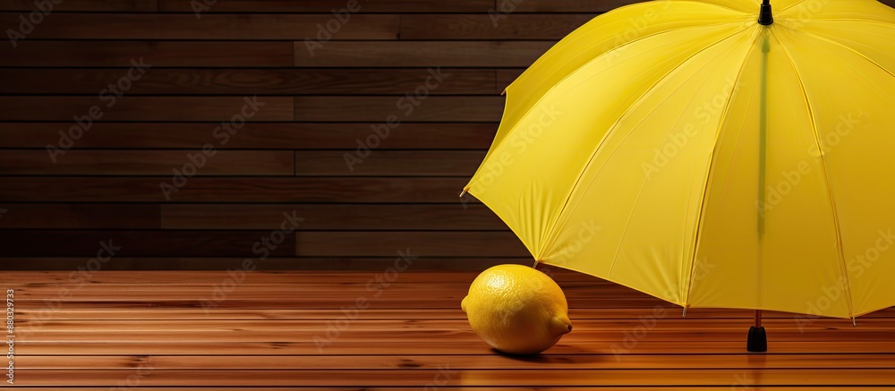 Poster Umbrella-adorned lemon on a wooden table with a spacious area for additional image elements.