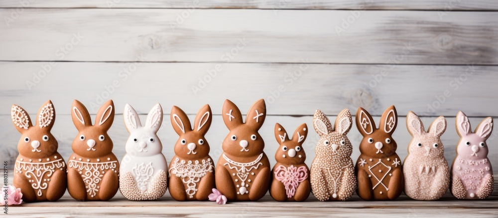 Aufkleber gingerbread eggs and rabbits with sugar glaze displayed on a light wooden backdrop providing a charm