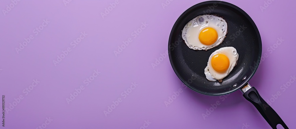 Aufkleber top view of a creative minimal style food concept featuring two eggs in a pan on a violet background