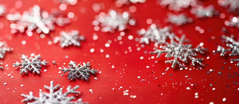 Bright red background adorned with silver sparkly snowflakes for Christmas, featuring copy space image and selective focus.