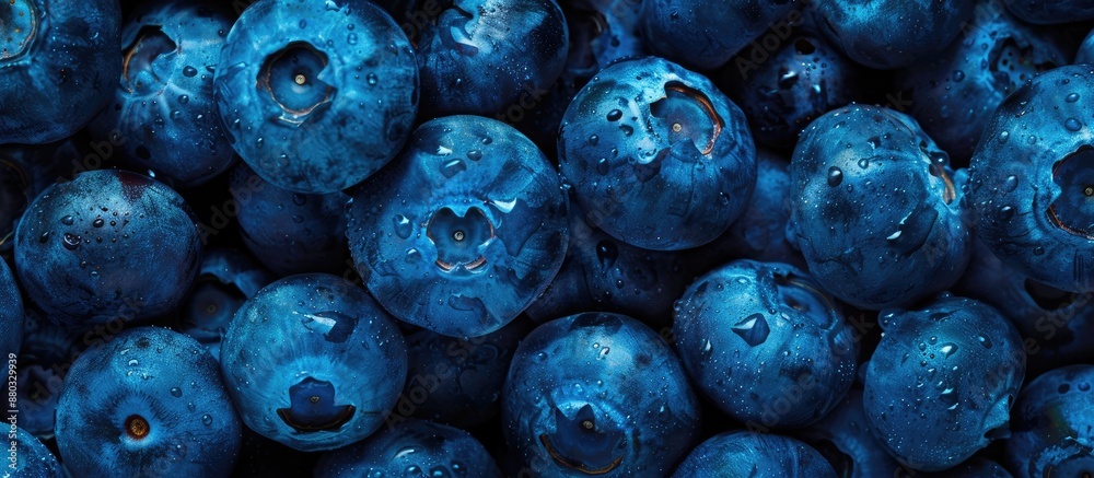 Aufkleber Background of fresh blueberries with available copy space image for text, focusing on vegan and vegetarian themes, showcasing a detailed macro view of the blueberries' texture.