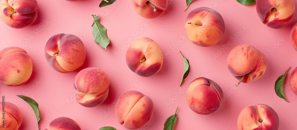 Poster Top view of fresh peaches arranged on a soft pink surface with a peach frame allowing space for additional content in the image