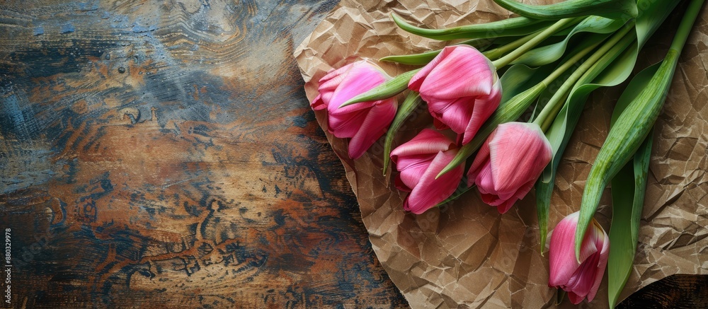 Poster Pink tulips in craft paper against a rustic backdrop convey a sign of affection with copy space image