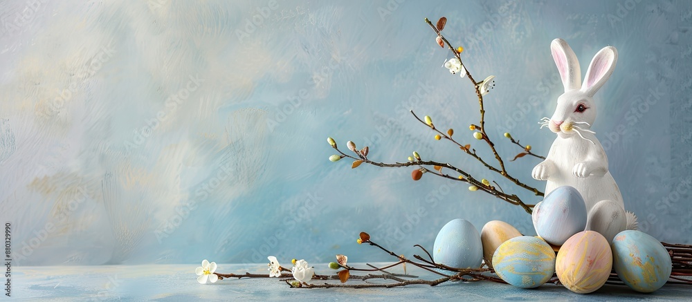 Aufkleber Spring themed Easter holiday arrangement featuring a willow branch white rabbit statuette and colorful painted eggs on a soft pastel blue backdrop with a front view and space for text in the image