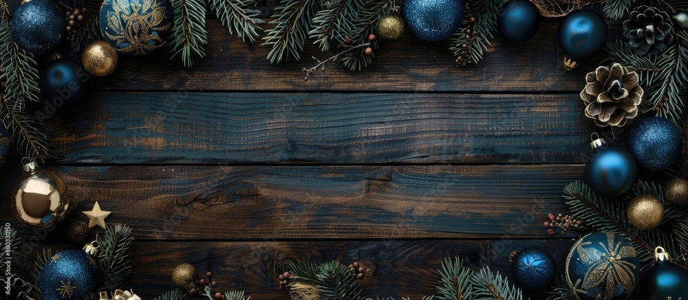Poster Top view shot of a Christmas themed border banner with dark blue and gold ornaments tree branches and an old wood background suitable for adding copy space image