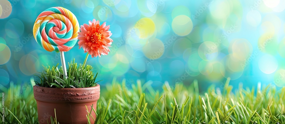 Aufkleber Spring concept depicted with a candy lollipop flower placed in a flowerpot surrounded by grass creating a cheerful scene with copy space image