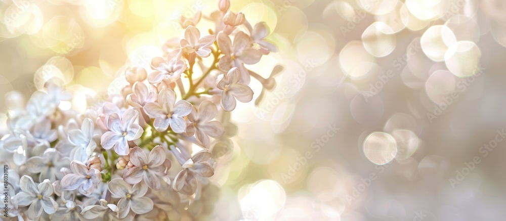 Poster macro white lilac blooms on blurred backdrop with available copy space for web banners