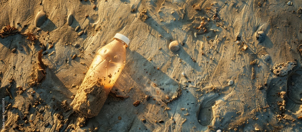 Poster dirty sandstone background with a lone dirty plastic item on the beach sand perfect for a copy space