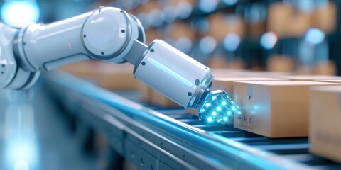 a robotic arm operating in an industrial warehouse, holding boxes on conveyor belts, symbolizing uses of futuristic technology on industry