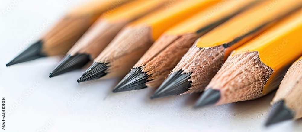 Poster leadership concept depicted with row of pencils in close up view on white background with copy space