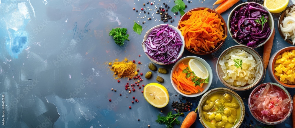Poster a variety of fermented foods like sauerkraut red cabbage pickles carrots and preserved lemons displa