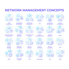 Network management blue gradient concept icons. Local area network. Digital infrastructure. System architecture. Server security. Icon pack. Vector images. Round shape illustrations. Abstract idea