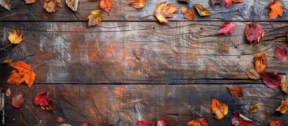 Leinwandbilder Wooden table with colorful autumn leaves creating a charming display with copy space image