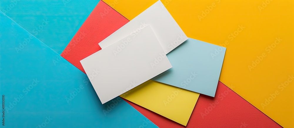 Poster Blank business cards lay flat on a colorful background in a mockup image with ample copy space for text
