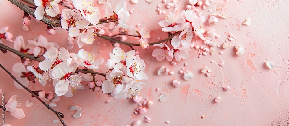 Aufkleber flat lay composition featuring apricot flowers on a pink table with cherry blossom branches in the b
