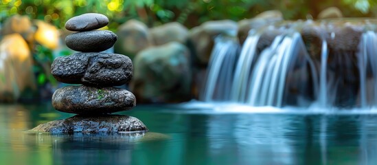 Balancing rocks in a serene setting with an artificial waterfall as a backdrop creating a tranquil scene with copy space image