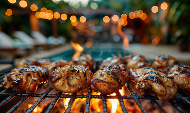 chicken breast/ drumsticks on a grill in the garden by the pool, house summer party, doing a bbq / barbecue