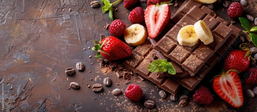 Poster Delicious wafer with a combination of cocoa strawberry and banana excellent for a dessert displayed in a copy space image