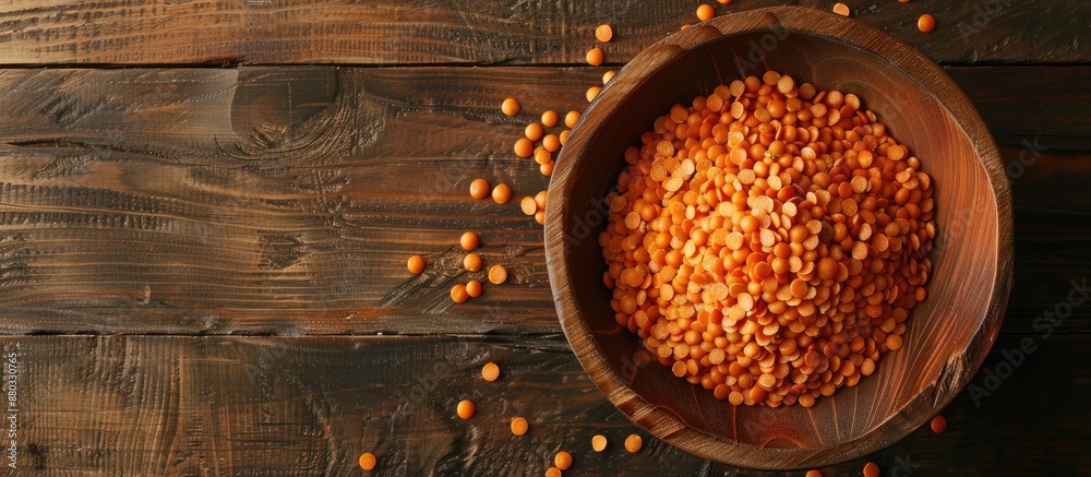 Poster red lentil bowl arranged on a wooden surface with copy space image