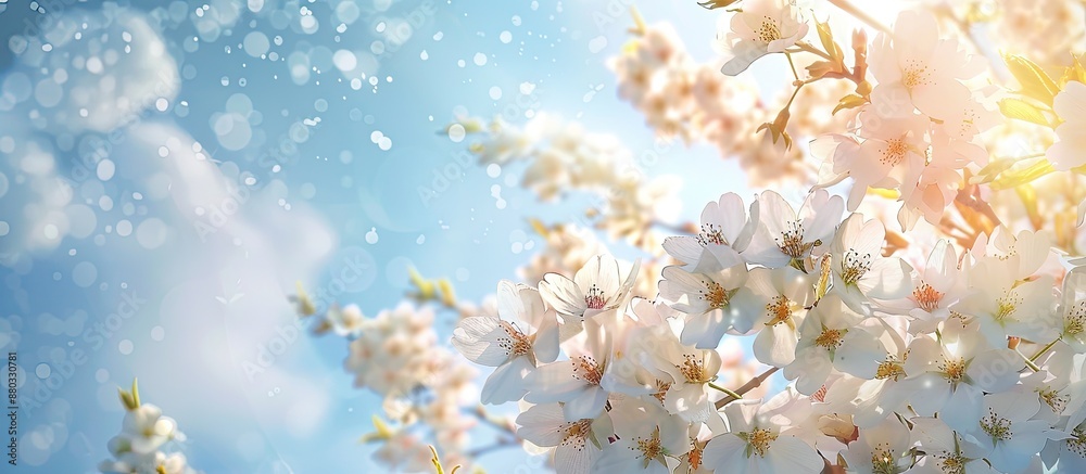 Poster spring has arrived with blooming white blossoms against the morning sky creating a serene background