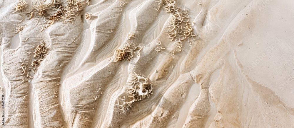 Poster Top view of sandy beach with intriguing sea snail trails creating a nature abstract background perfect for a copy space image